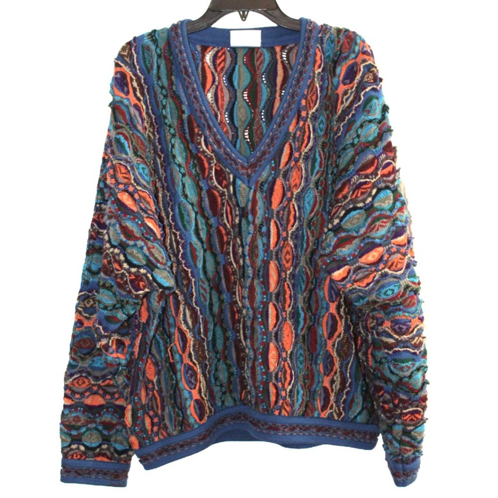 Vintage authentic Coogi Australia textured 3D knit multicolor V Neck sweater